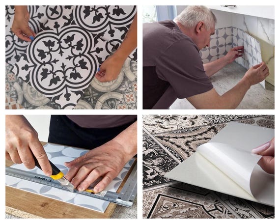 花柄の葉模様のPVCフロアタイル、ブルーのタイルステッカー、剥がせる