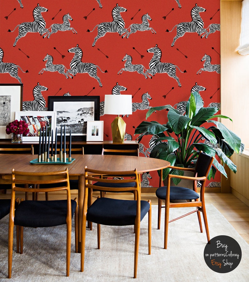 Red flying zebra wallpaper Abstract wall decor Jumping zebras print Retro wall decal Animals wallpaper 156 image 2