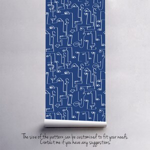May include: A seamless pattern of white abstract faces on a dark blue background. The faces are made up of simple lines and shapes, creating a modern and minimalist design.