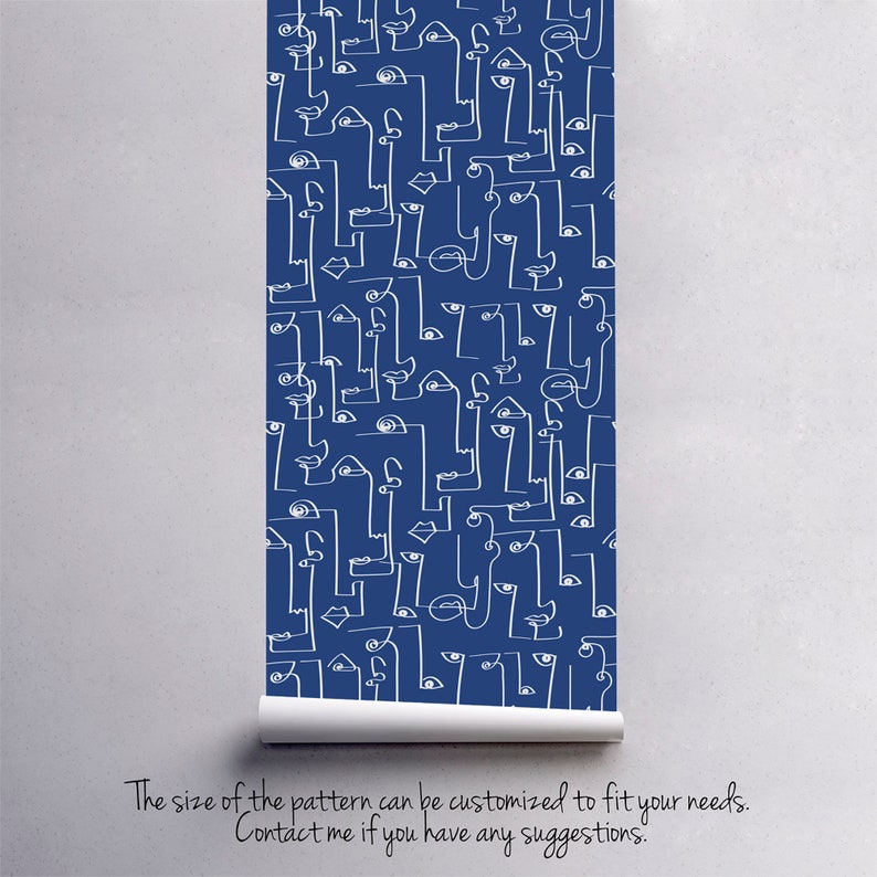 May include: A seamless pattern of white abstract faces on a dark blue background. The faces are made up of simple lines and shapes, creating a modern and minimalist design.