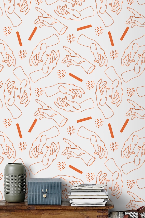 Orange Lineart Hands Shapes Simple, Removable Wallpaper, Peel Off Sticker, Temporary Wall Decor, Minimalism, Cubism Art Print, White #06KL