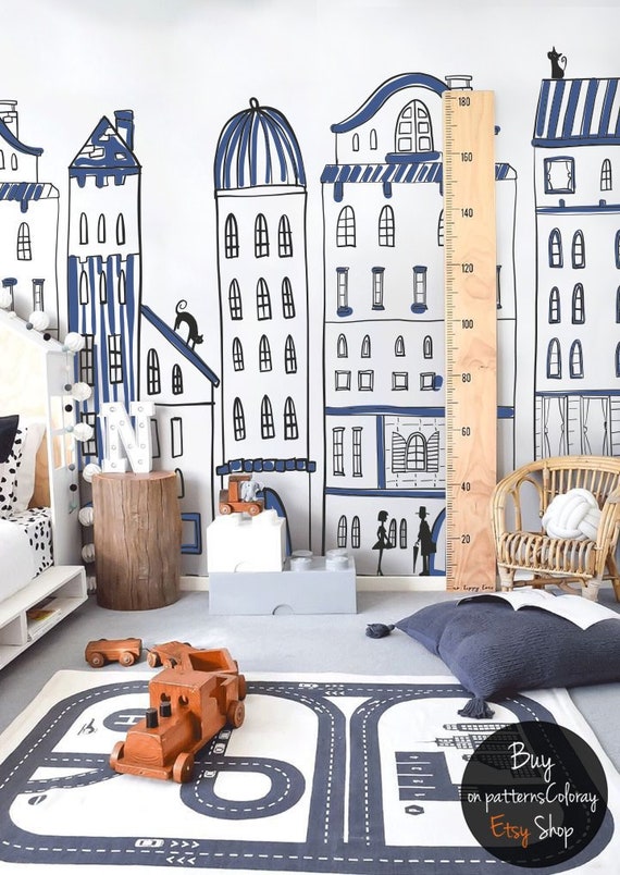 Sweet Neighbourhood, Drawing City, illustration, minimalistic wallpaper, white, self adhesive, reusable, removable wall mural #160
