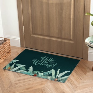 Tropical Leaves Welcome Welcome Mat, Personalized Doormat, Text Pattern, Green Entrance Mat, Cool Doormat