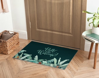 Tropical Leaves Welcome Welcome Mat, Personalized Doormat, Text Pattern, Green Entrance Mat, Cool Doormat