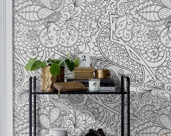 Sketch drawing wallpaper || Abstract pattern wall mural || Removable, reusable wallpaper || Contemporary   #43