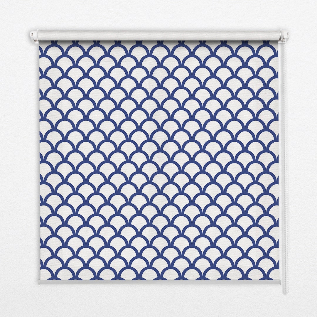 Blackout or Sheer Option Roller Blinds, Geometric Patterns, Blue, White ...