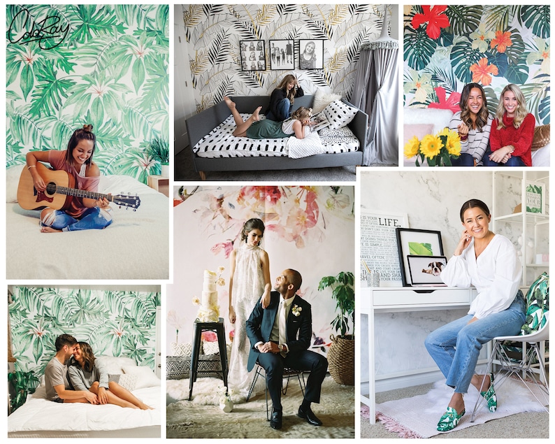 May include: A collage of images featuring various tropical leaf and floral patterned wallpaper designs. The wallpaper is shown in different rooms and settings, including a bedroom, a living room, and a home office.