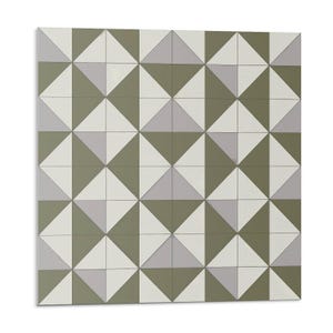 May include: A geometric pattern of white, light gray, and dark green triangles. The pattern is repeated to create a seamless design.