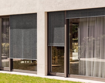 Line Grid Exterior Roller Shades, Structures Window Treatments, Gray Blinds, Balcony Roller Blinds