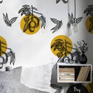 Tropical fruits removable wallpaper || Mango with Leaves Pattern || Peel and stick Wallpaper || Repositionable Wallpaper  #155