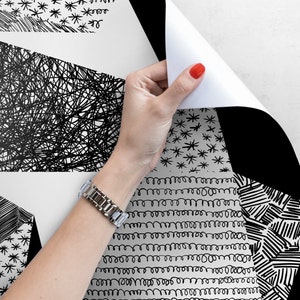 Scribbles in geometric shapes pattern, charcoal effect, triangles, monochromatic wallpaper, black and white, self adhesive wall mural #119 image 3