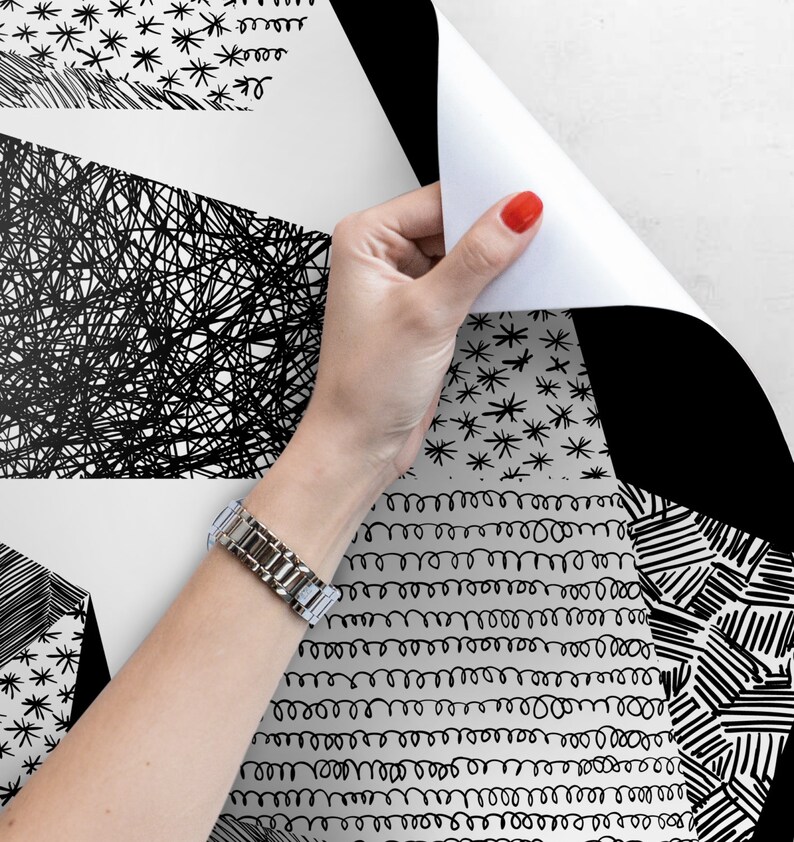 Scribbles in geometric shapes pattern, charcoal effect, triangles, monochromatic wallpaper, black and white, self adhesive wall mural #119 image 3
