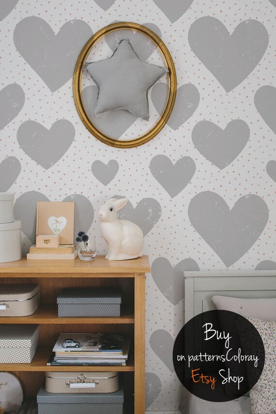Hearts Removable Wallpaper, Cute Pattern Wallpaper, Gray Self-Adhesive Wallpaper, Peel and stick Wallpaper  #141