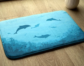 Dolphins Bathroom Mat, Animal Pattern Blue, Toilet Rug, Handmade Mat, Modern Bathroom Rug, Small Rug