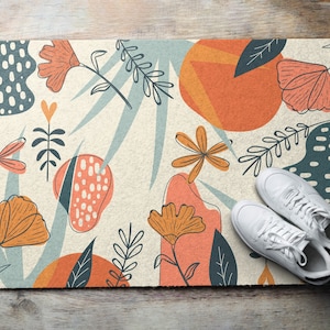 Summer Flowers Welcome Mat, Personalized Doormat, Floral Pattern, Orange Entrance Mat, Fall Doormat