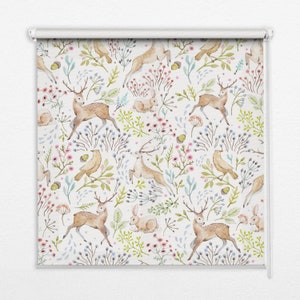 May include: A white background with a repeating pattern of watercolor illustrations of deer, rabbits, birds, and flowers. The deer are brown with white spots and have antlers. The rabbits are white with pink noses. The birds are brown with yellow beaks. The flowers are pink, blue, and green.