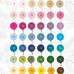 May include: A color palette chart with 54 different colors, numbered 1 through 54. The colors are arranged in rows of six, with each color represented by a circle. The colors range from light to dark, and from cool to warm.