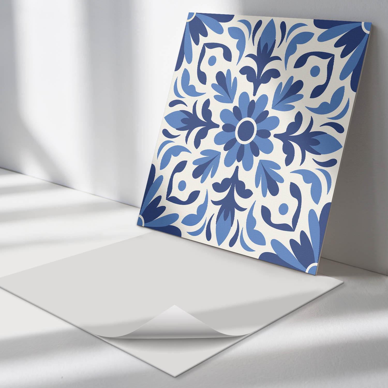 花柄の葉模様のPVCフロアタイル、ブルーのタイルステッカー、剥がせる