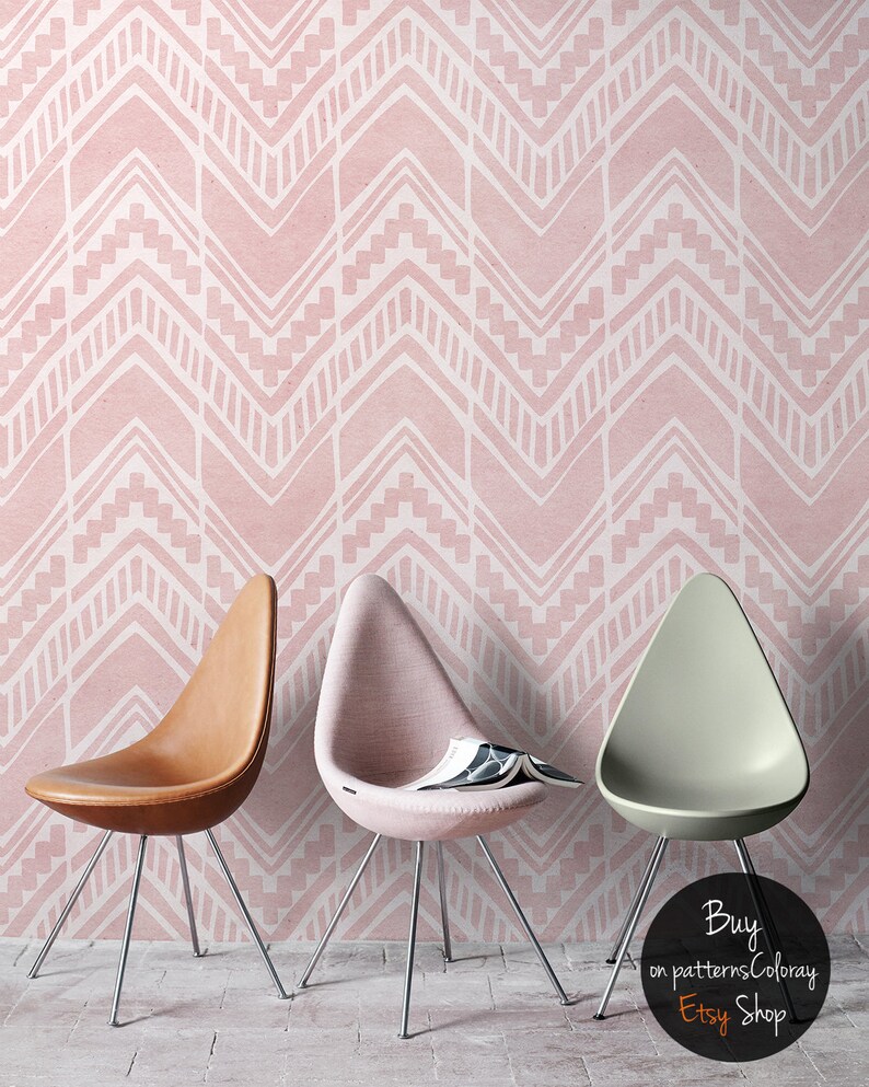 May include: Three chairs with different colored upholstery in front of a pink and white chevron patterned wallpaper. The chairs have a teardrop shape and are on silver legs. The text "Buy on patternsColoray Etsy Shop" is at the bottom of the image.