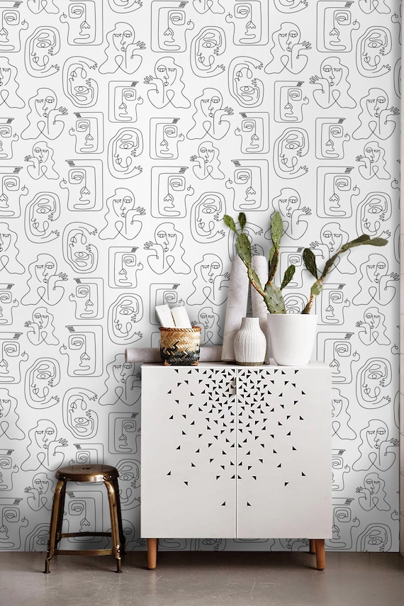 Monochrome Smooth Lines Scenic Abstract Expression, Self-Adhesive Wallpaper, Peel And Stick Material, Black, White, Faces, Cubism Art #08KL