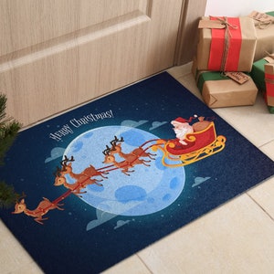 Santas Schlitten Willkommen Matte, personalisierte Fußmatte, Weihnachtsmuster, blaue Eingangsmatte, Weihnachts Fußmatte
