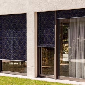 Geometric Pattern Of Triangles External Roller Blinds, Geometric Window Shades, Navy Shades, Outdoor Roller Blinds