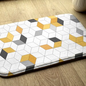 Geometric Cubes Bathroom Mat, Artistic Pattern White Toilet Rug, Handmade Mat, Modern Bathroom Rug, Small Rug
