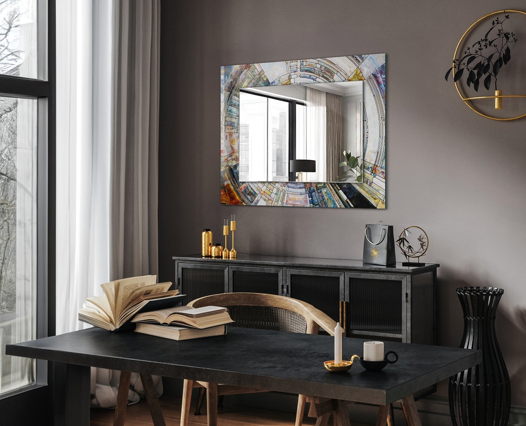 Abstract Circle Mosaic, Blue Frame Mirror, Art Deco Mirror, Designer ...