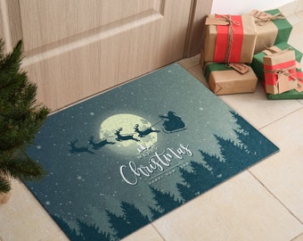 Santa and Reindeers Front Door Mat, Personalized Doormat, Entrance Mat Green, Christmas Doormat, Christmas Pattern