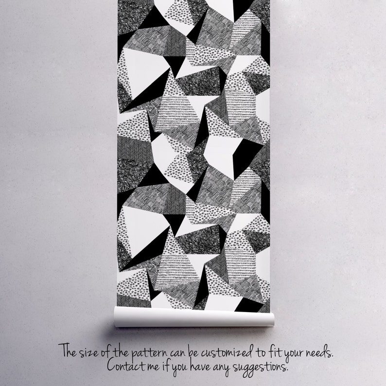 Scribbles in geometric shapes pattern, charcoal effect, triangles, monochromatic wallpaper, black and white, self adhesive wall mural #119 image 4