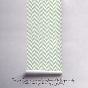 May include: A green and white chevron pattern wallpaper roll. The size of the pattern can be customized to fit your needs. Contact me if you have any suggestions.