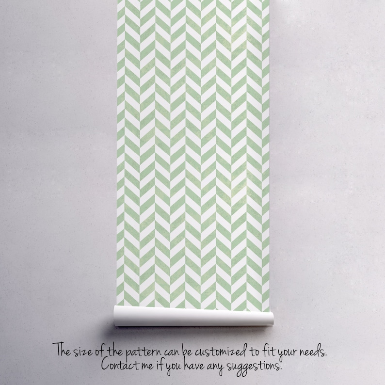 May include: A green and white chevron pattern wallpaper roll. The size of the pattern can be customized to fit your needs. Contact me if you have any suggestions.