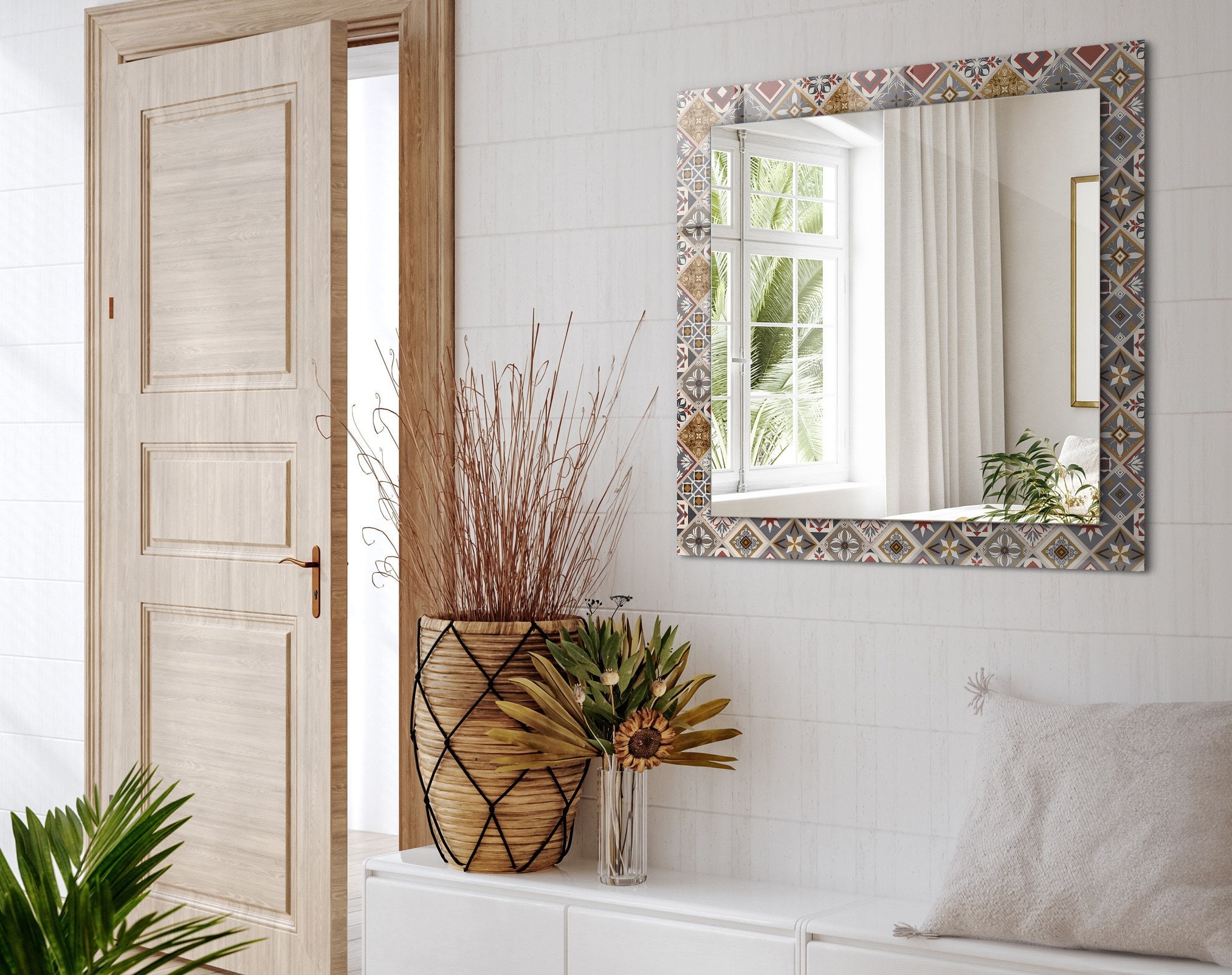 Colorful Tile Patterns, Brown Frame Mirror, Small Mirror, Wall Mirror ...