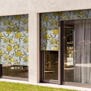 May include: Two windows with white frames and lemon-patterned roller shades. The shades are partially rolled up, revealing a view of a green lawn and a white wall.