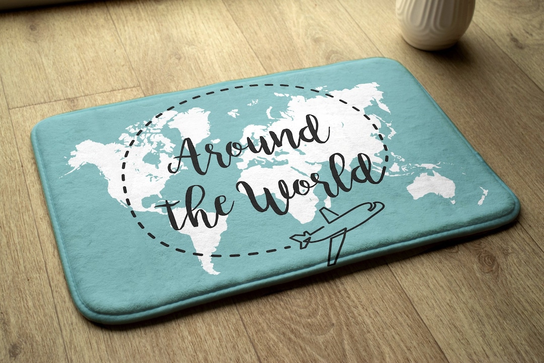 Turquoise Bathroom Mat, World Map, Bath Runner, Kid's Pattern With Text ...
