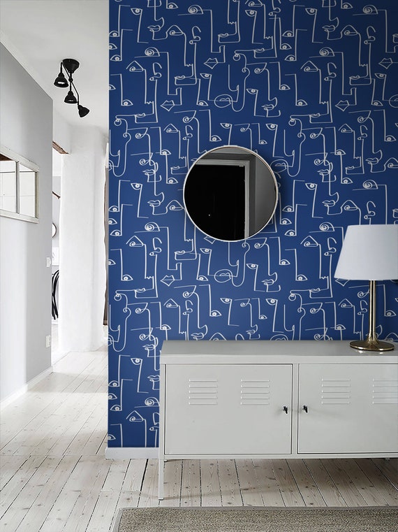 White Blue Simple Geometric Lineart Abstract Faces, Peel And Stick Wallpaper, Temporary Wall Mural, Surrealism Wall Art, Cubism, Navy #07KL