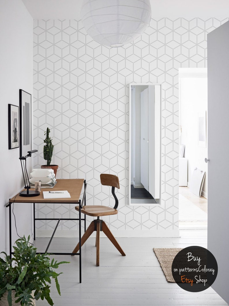 Grey geometric cubes wallpaper, dots, subtle and elegant wall mural, self adhesive, reusable, removable, peel and stick 85 image 1