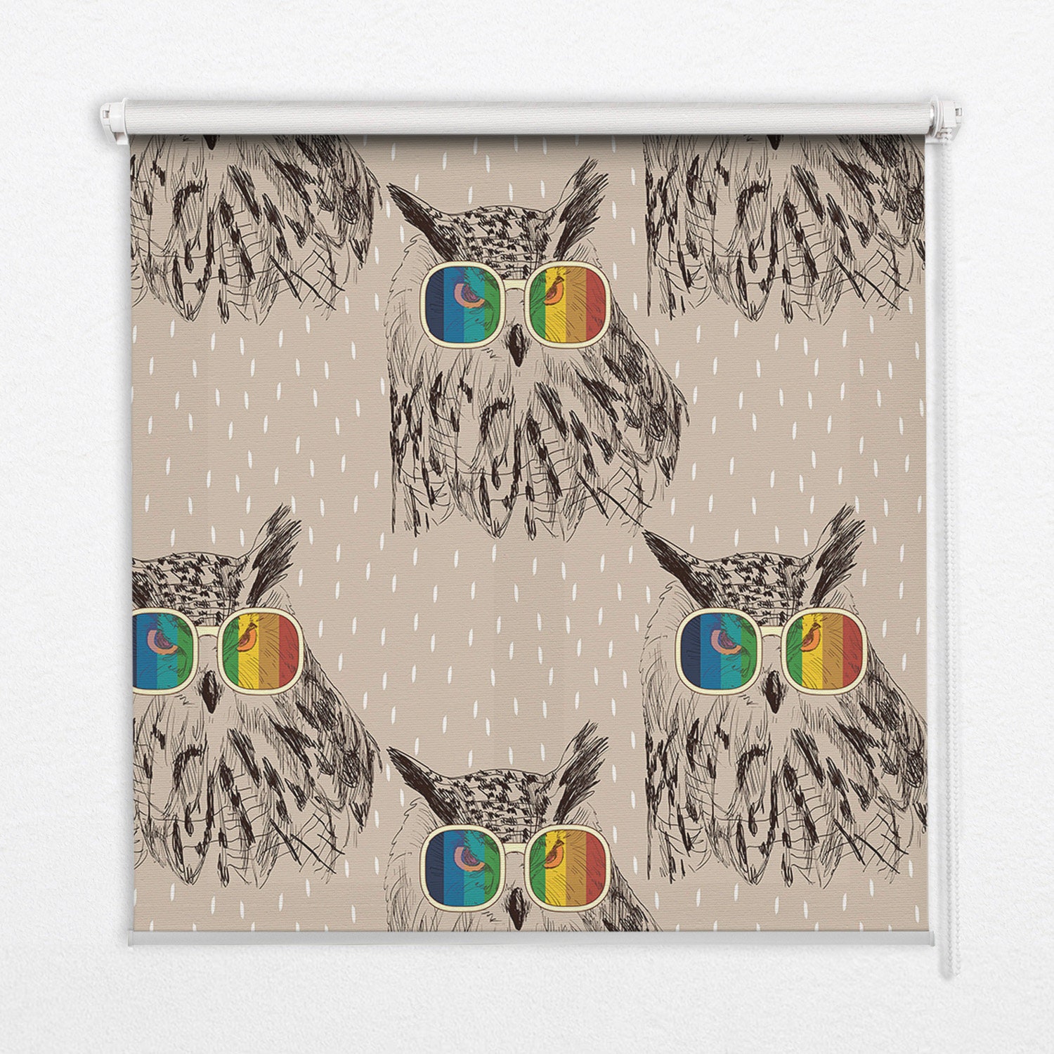 Roller Blinds, Blackout or Sheer Option, Owls in colorful glasses, Yellow and Black, Animals, Natural Light Control, Printed Shades