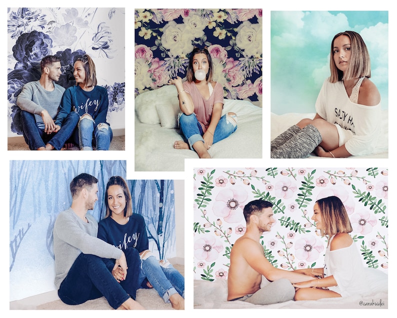 May include: A collage of six images featuring a couple in various poses against different floral backdrops. The couple is wearing casual clothing and smiling at each other. The images are arranged in a grid format.