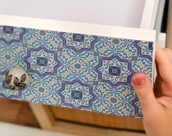 Geometric Pattern Peel And Stick Decal, Blue And Creamy Self-Adhesive Furniture Foil, Geometric Wrap, Geometry Sticker