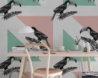 Toucan with triangles removable wallpaper || Tropical Bird with Geometric Figure Pattern ||  Temporary Wallpaper || Reusable Wallpaper  #154