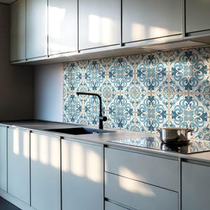 Plant Pattern In Symmetry PVC Floor Tiles, Blue Tile Stickers, Peel and Stick Tiles, Texture Tile Stickers, Floor Tile Stickers