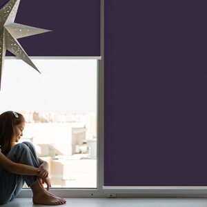 Könnte beinhalten: Eine junge Person sitzt an einem Fenster mit violetten Jalousien und blickt auf die Stadt. Die Person trägt Jeans und ein weißes Hemd. Eine weiße sternförmige Dekoration hängt oben am Fenster.