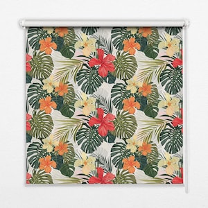Blackout or Sheer Option Roller Blinds, Tropical, Red, Green, Exotic plants, Window Shades, Printed Shades