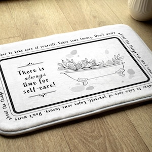 White Bathroom Mat, Leaves And Bathtub, Toilet Pattern with text, Designer Mat, Nonslip Carpet, Contemporary Rug