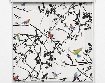 Light Diffusing or Darkening Roller Blinds, Blackout Shades, Animals, Black, White, Birds on branches, Sunblinds, Printed Pattern