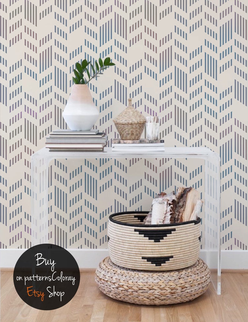 Herringbone geometric pattern, pale, muted colors, shapes, reusable, removable wall mural, self adhesive wallpaper 91 image 1