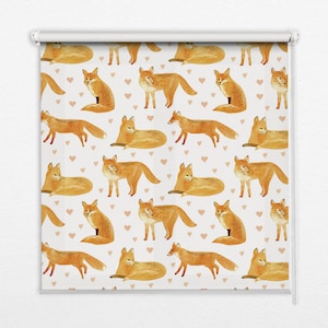 May include: A white background with a repeating pattern of orange foxes and pink hearts. The foxes are in various poses, including sitting, standing, and lying down.