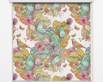 Roller Blinds, Blackout or Sheer Option, Colorful pattern of nature, Yellow and Pink, Plants, Window Shades, Unique Window Dressings