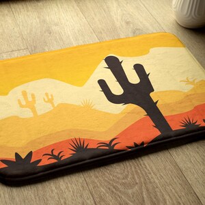 Desert Cactus Bathroom Mat, Floral Pattern Yellow, Toilet Rug, Handmade Mat, Modern Bathroom Rug, Small Rug